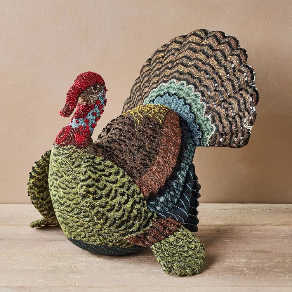 NWT John Derian beaded turkey pillow, John Derian for Target Thanksgiving fall